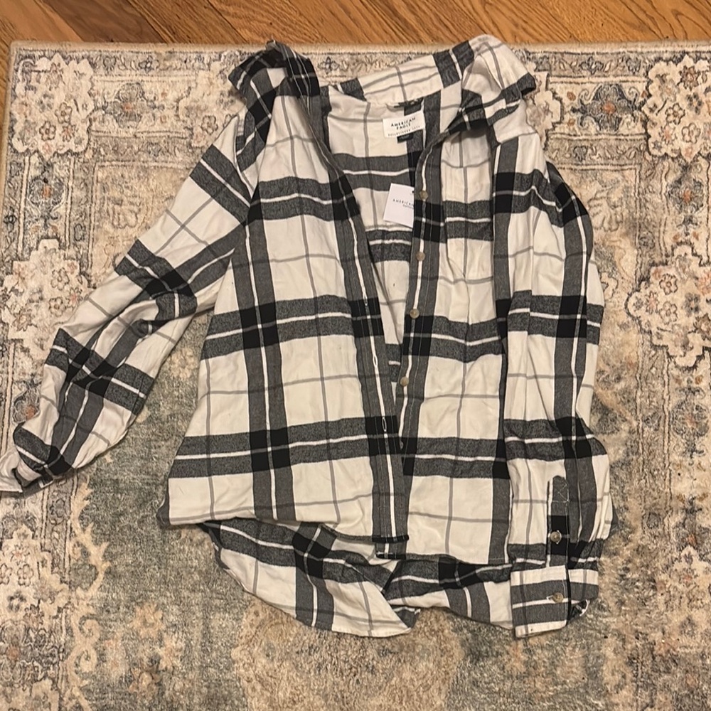 White and Black Plaid Button-Up Shirt